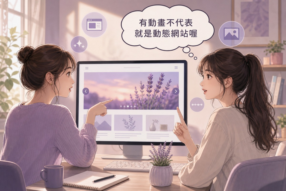 兩人對話插畫，討論網頁動畫特效是否等於動態網站的常見誤解