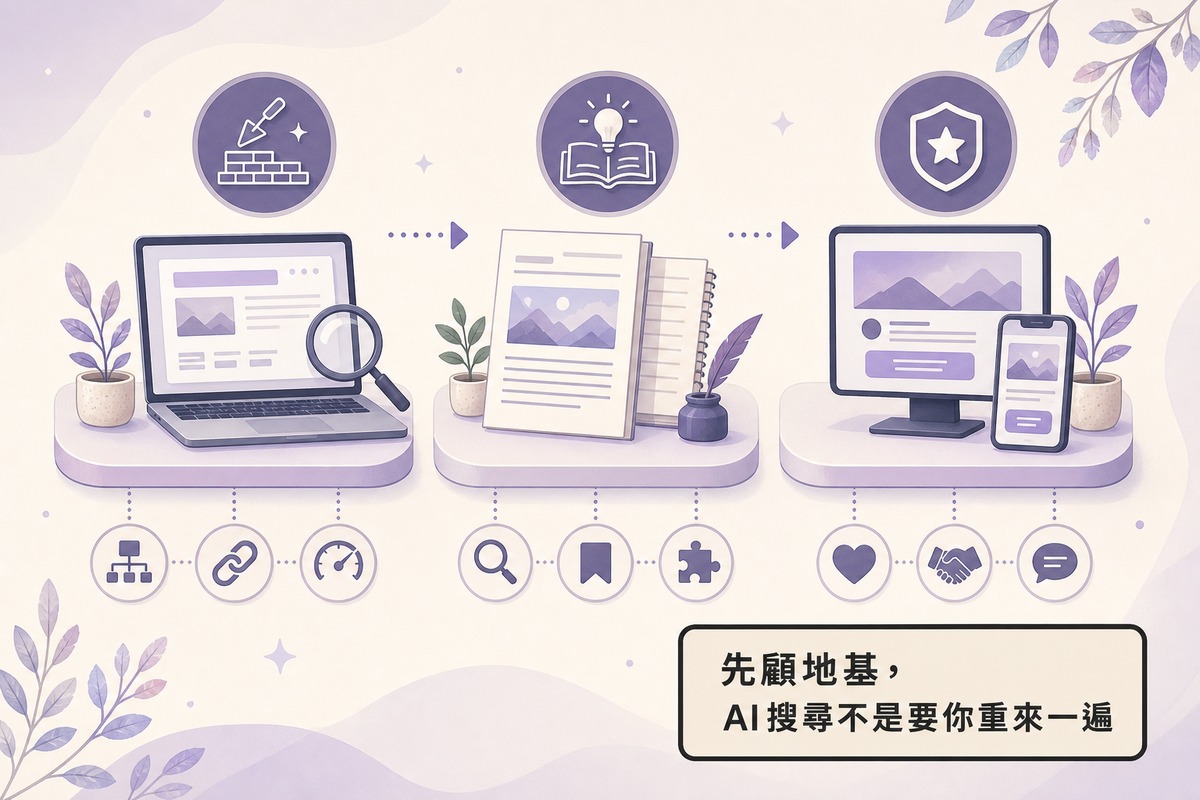 面對AI搜尋中小企業主三個優先順序圖解，基礎SEO、獨特內容、品牌成交頁