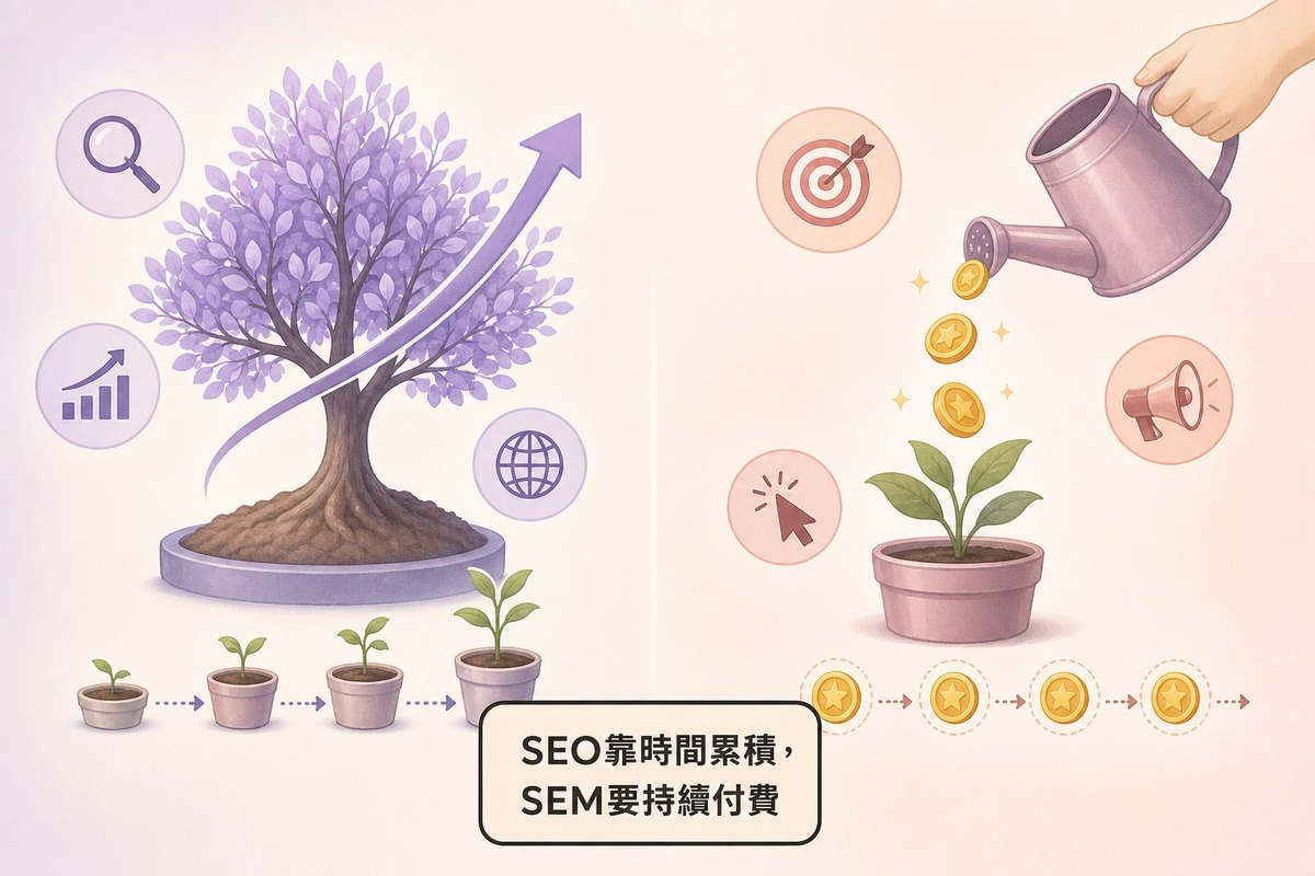 SEO與關鍵字廣告SEM比較圖：SEO靠時間累積免費自然流量、SEM靠持續付費立即曝光但停止投放就消失