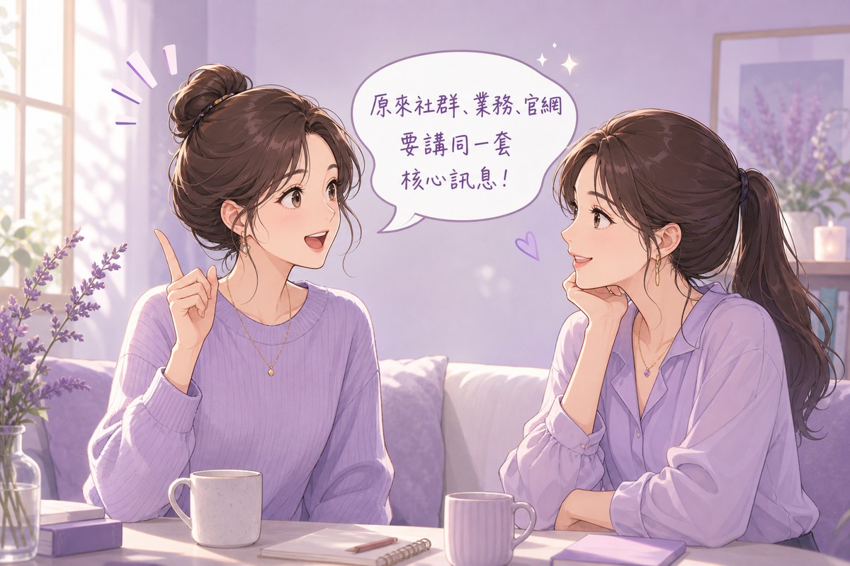 兩位角色開心討論社群、業務、官網要傳遞同一套核心訊息的插畫