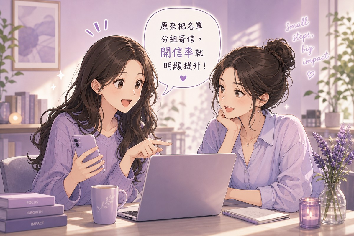 兩人討論EDM名單分眾後開信率明顯提升的插畫
