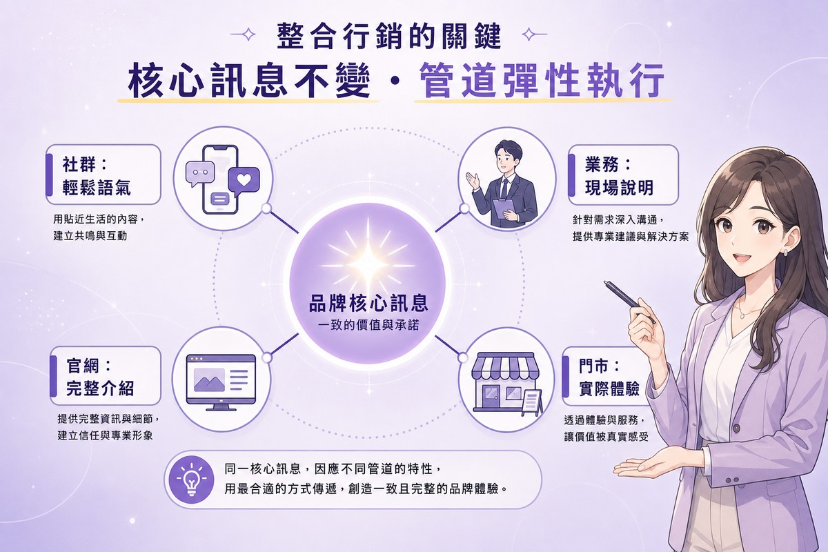 圖解品牌核心訊息不變、社群業務官網門市四個管道彈性執行的整合行銷概念