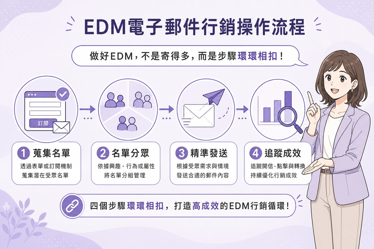 EDM電子郵件行銷四步驟流程圖:蒐集名單、名單分眾、精準發送、追蹤成效
