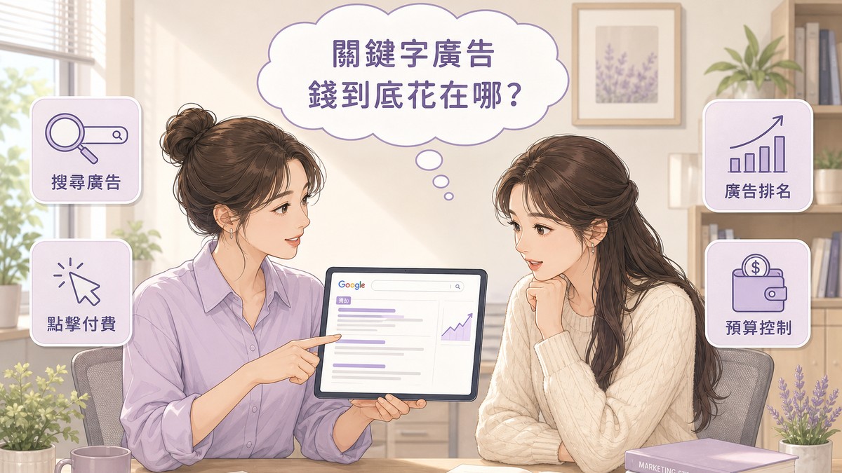 兩位女性在辦公桌前討論關鍵字廣告，平板上顯示帶有贊助標籤的Google搜尋結果，周圍有搜尋廣告、點擊付費、廣告排名、預算控制四個圖示