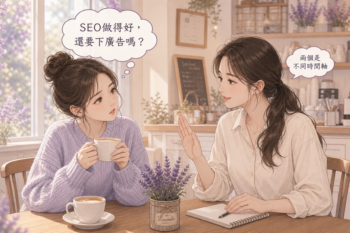 兩位女性在咖啡廳對話,一人詢問SEO做得好還要不要下廣告,另一人回答兩者是不同時間軸