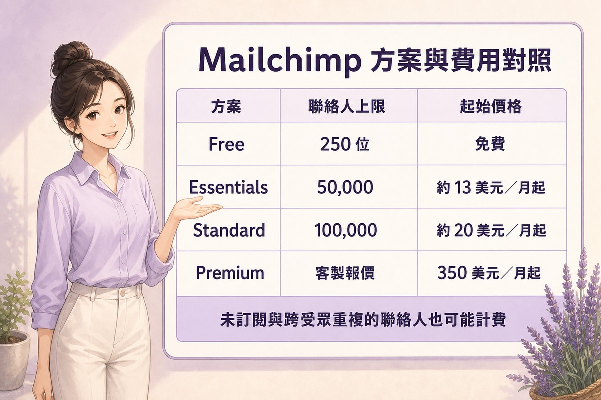 Mailchimp方案與費用對照表:Free上限250位免費、Essentials上限50,000約13美元月起、Standard上限100,000約20美元月起、Premium客製報價350美元月起,並提醒未訂閱與跨受眾重複的聯絡人也可能計費