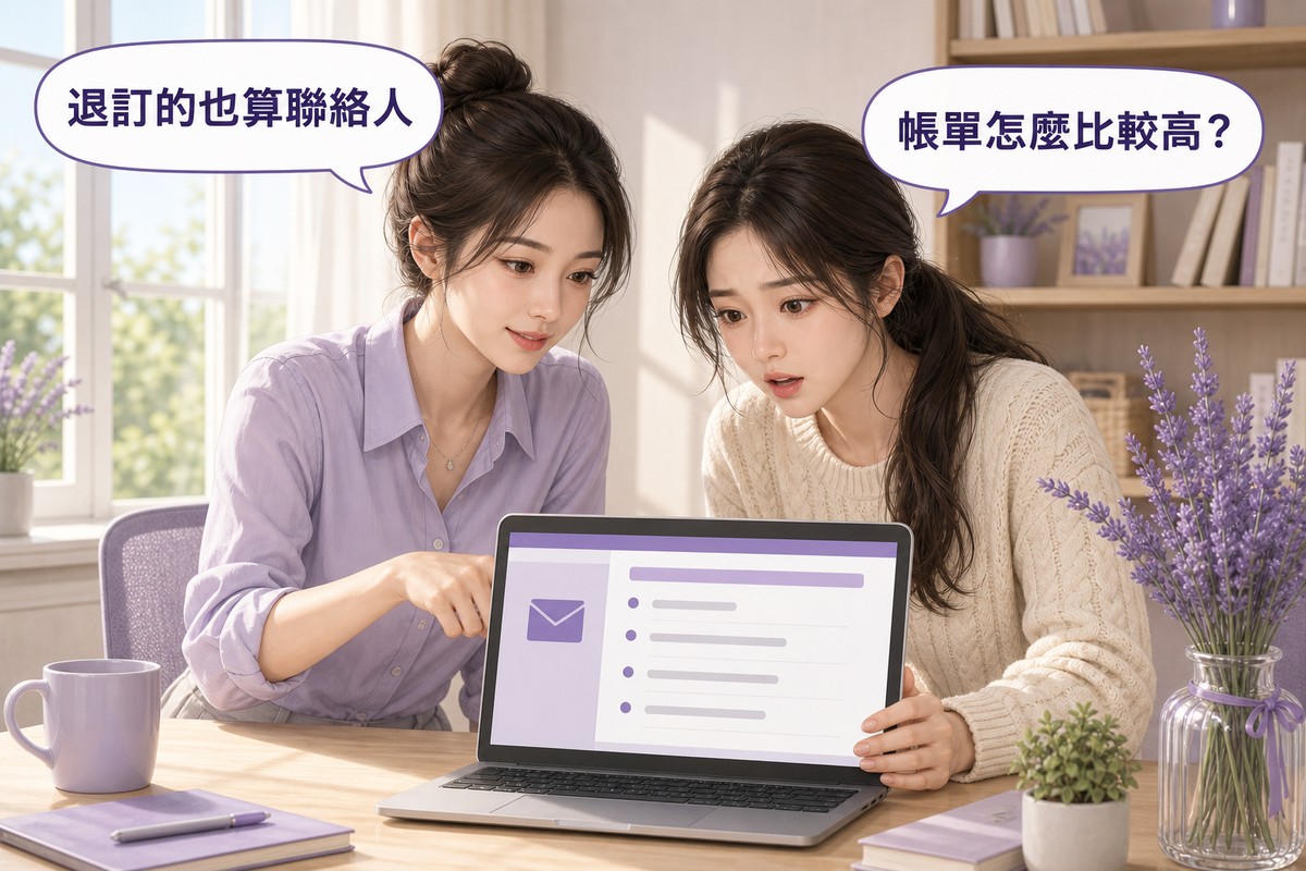 兩位女性一起看筆電上的帳單畫面,一人驚訝地問帳單怎麼比較高,另一人說明退訂的聯絡人也會被算進去