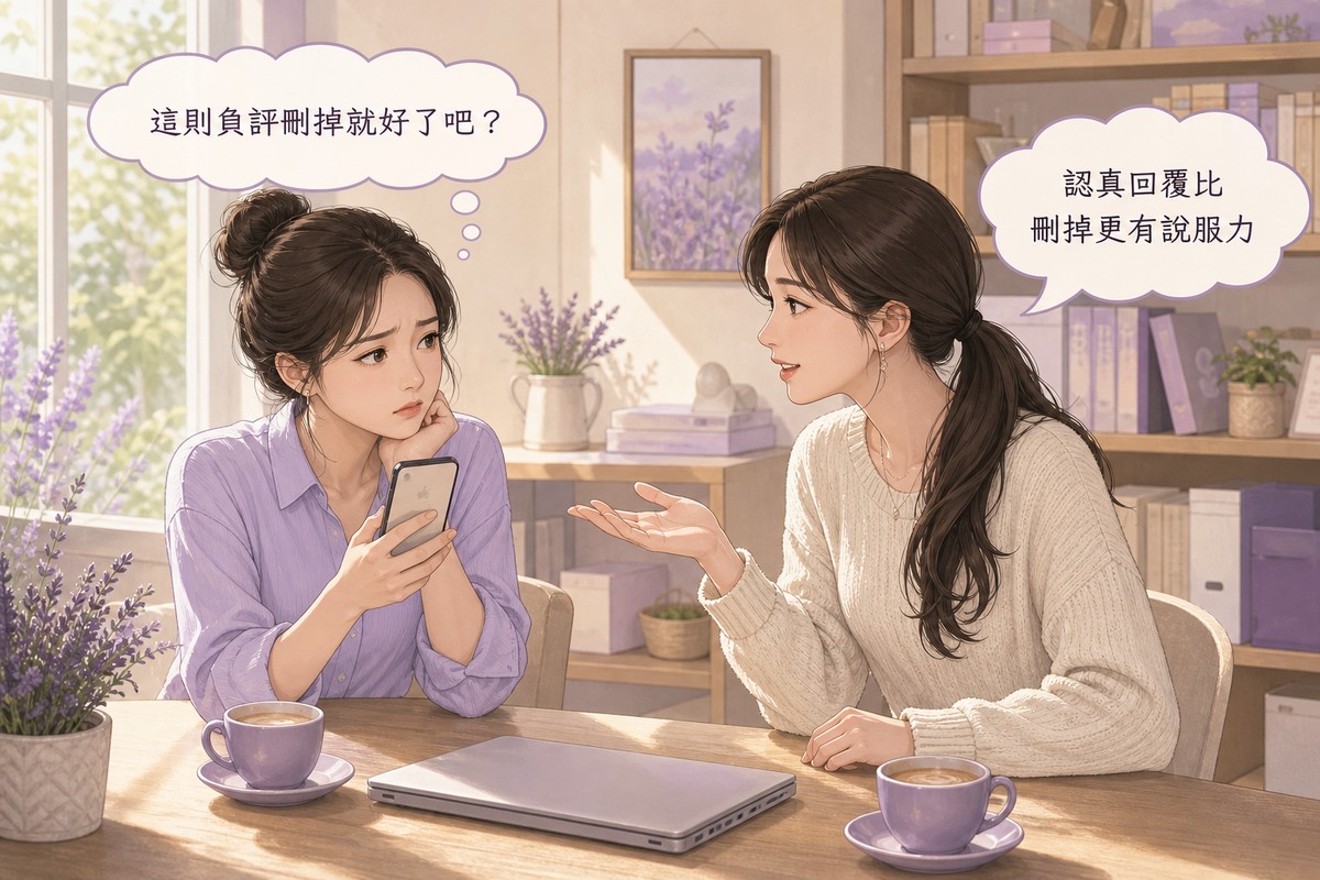 兩位同事討論該不該把負評刪掉,一人指出認真回覆比刪掉更有說服力