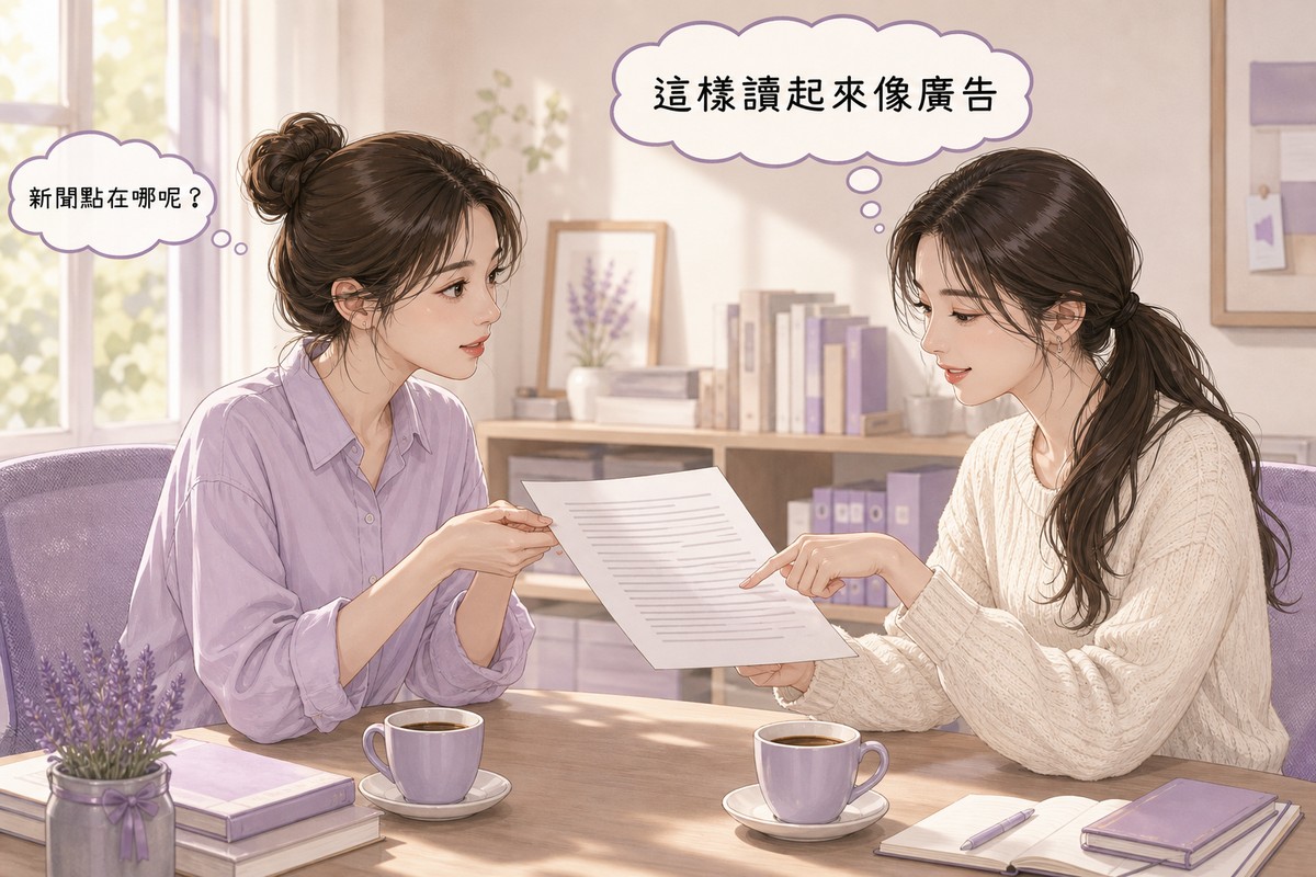 兩位女性在辦公室一起看新聞稿草稿,一人指出這樣讀起來像廣告,另一人反問新聞點在哪裡