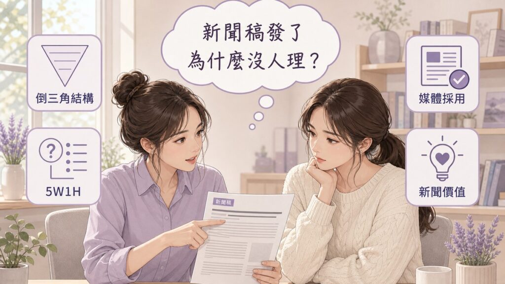 兩位女性在辦公桌前一起看新聞稿草稿,周圍有倒三角結構、5W1H、媒體採用、新聞價值四個圖示