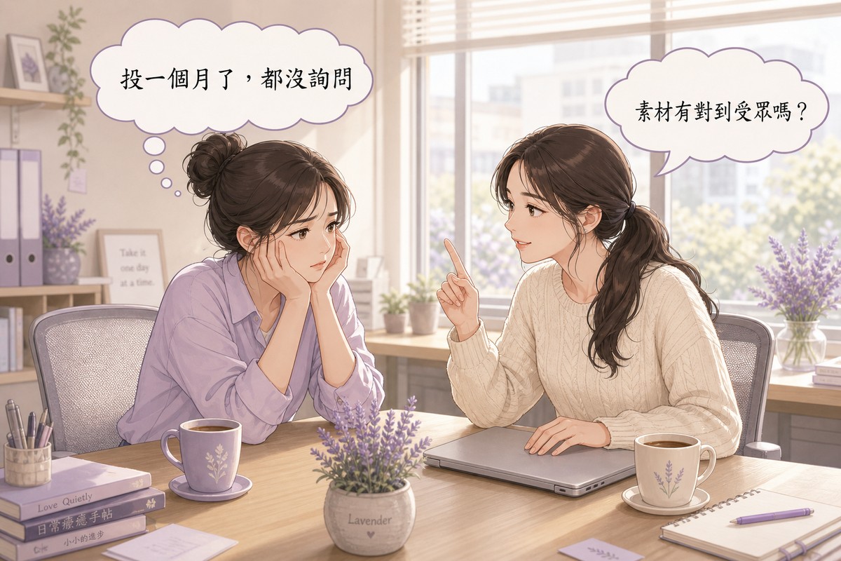 兩位女性在辦公室討論,一人沮喪表示廣告投一個月都沒詢問,另一人反問素材有沒有對到受眾