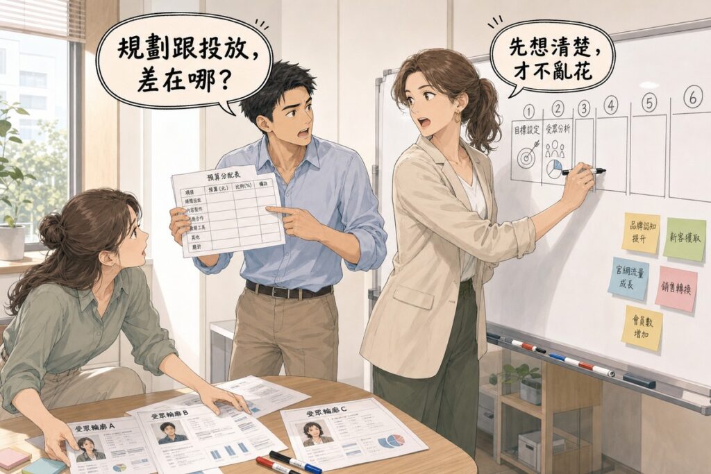 三人站在會議室白板前推演廣告規劃:白板上畫著六個編號步驟框、前兩格已填其餘留白,一位女主管拿著馬克筆回頭回答,一位男同事舉著預算表指著空白欄位發問,另一人蹲在矮桌邊攤開受眾資料