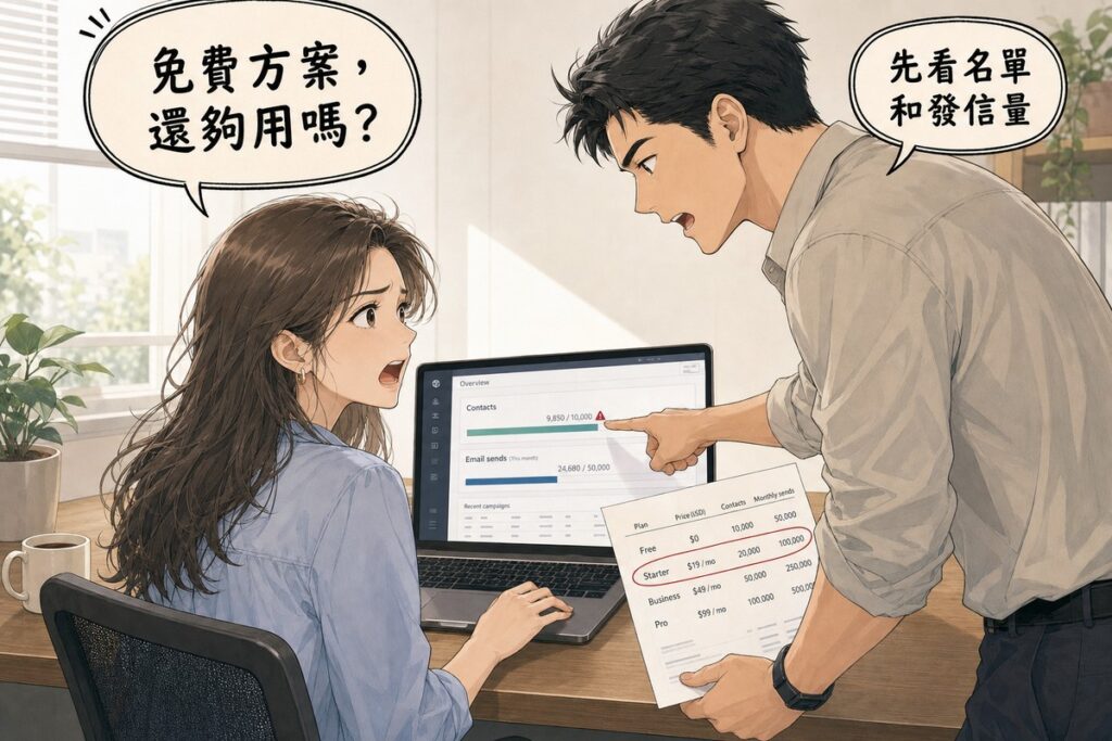 從坐著那人的肩後拍攝:女性坐在筆電前、手還放在觸控板上,扭頭往後張嘴發問,筆電螢幕顯示聯絡人額度條即將滿載並跳出警示;站在桌邊的男性拿著帳單彎身指向螢幕上的某一列回答;桌上另有一張列著各級方案價格、其中一列被手圈起來的紙