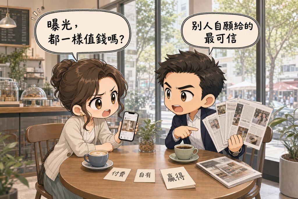 兩人在咖啡店圓桌對談媒體行銷:一位女性身體前傾、舉起手機展示社群貼文發問,對面男性手上攤著一疊報紙剪報、指著其中一則回答;桌上並排三張手寫紙卡分別寫著付費、自有、贏得,贏得那張被往前推