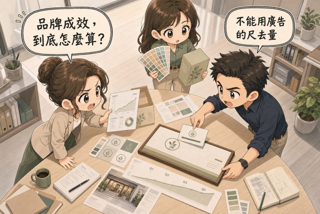 從高處俯視一張攤滿品牌物料的工作桌,三人分別從三側傾身討論:左方女性拿著單月成效報表皺眉發問,右方男性把名片放到店招樣稿旁比對並回答,上方一人拿著色票扇比對包裝盒;桌上另有一條標著Q1到Q4、緩慢上升的長條圖表