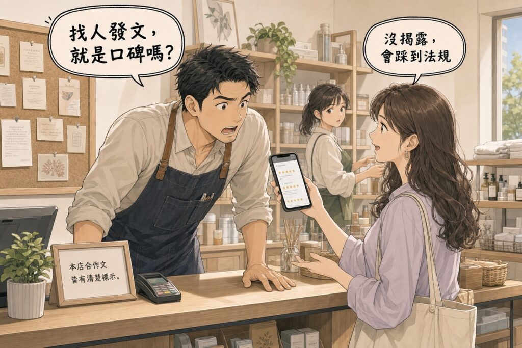 店面櫃檯前的對話:穿圍裙的男店主雙手撐著櫃檯前傾、瞪大眼睛張嘴發問,櫃檯外的女顧客把手機轉向他展示帶星等的評價頁面並笑著回答,店內後方一位店員停下整理貨架回頭看;櫃檯上立著一張寫有合作文皆有清楚標示的小告示牌