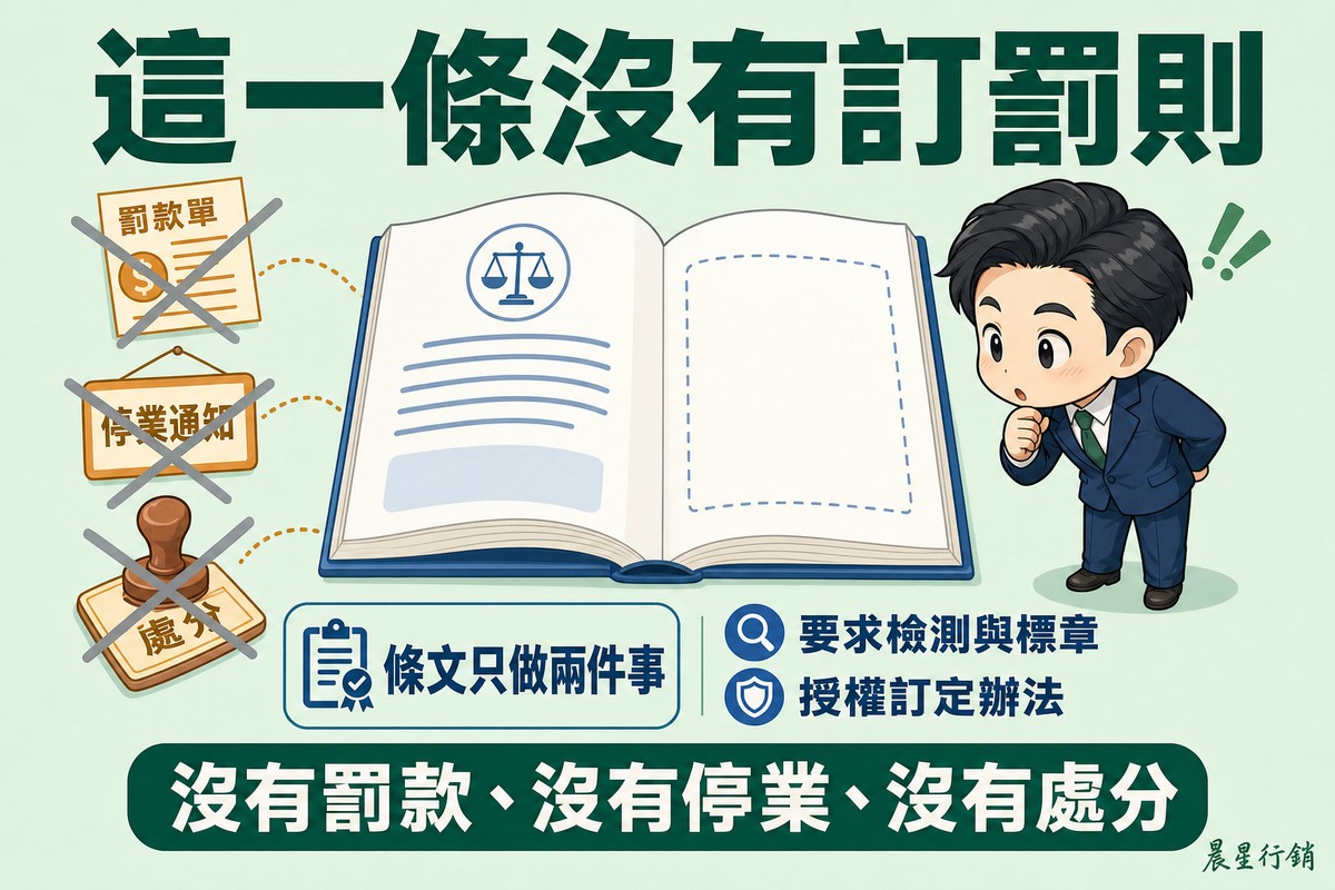 畫面中央一本攤開的法規書,右頁該寫罰則的位置是一個空的虛線方框,旁邊罰款單、停業通知與處分章都被打叉,右側企業主挑眉看著空白頁。