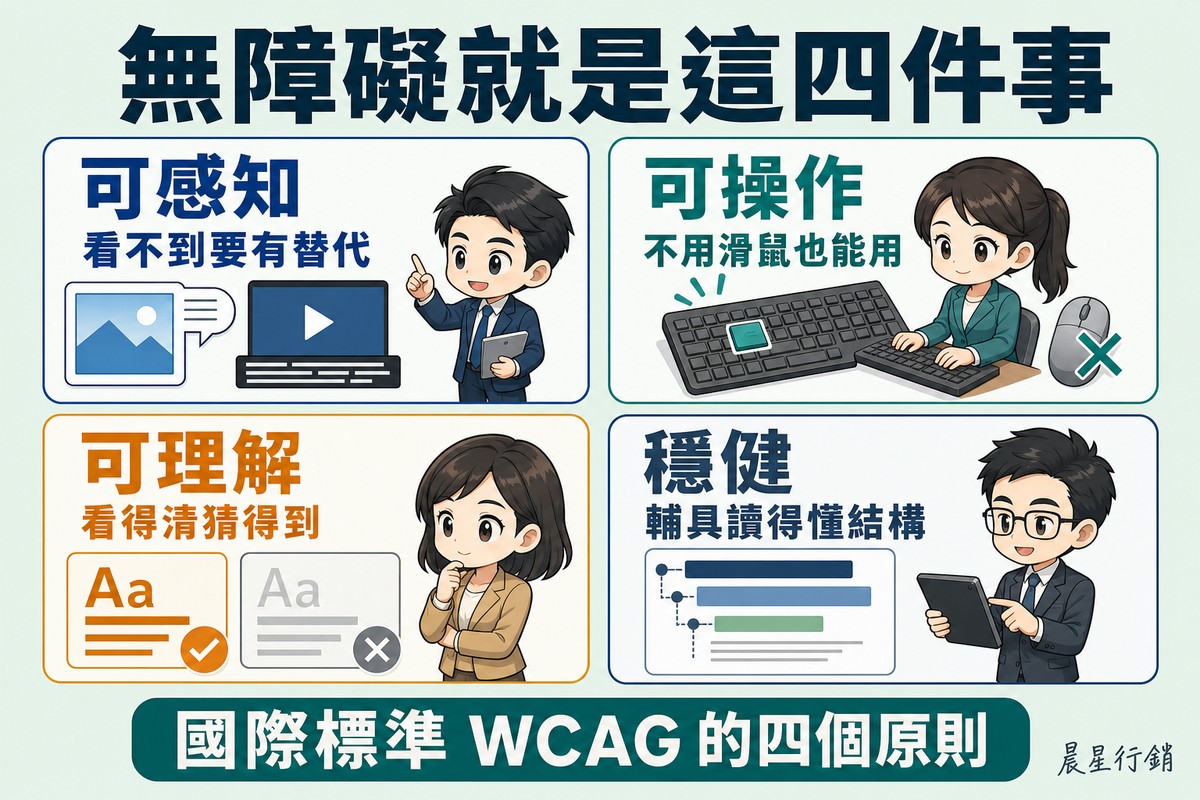 四格方陣分別是圖片框旁有語音線與影片字幕條、鍵盤按鍵反白而滑鼠被放到一旁、兩塊對比強弱不同的文字色塊並列、以及頁面標題階層畫成層層縮排的長條。