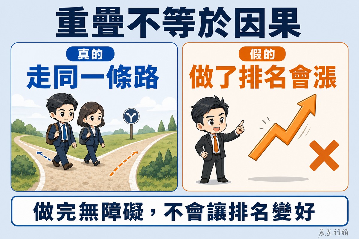 左欄兩名旅人沿同一條路並肩走了一段後在岔路分開,右欄業務員指著一支懸空的上升箭頭、箭頭下方沒有任何依據並被打上大叉。