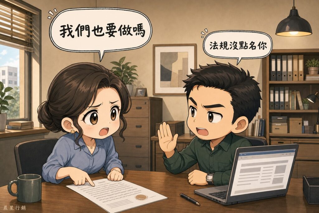 一位女性企業主指著桌上蓋有印信的公文皺眉發問,對面的男性顧問舉起手掌示意,說明法規並沒有點名民間企業。