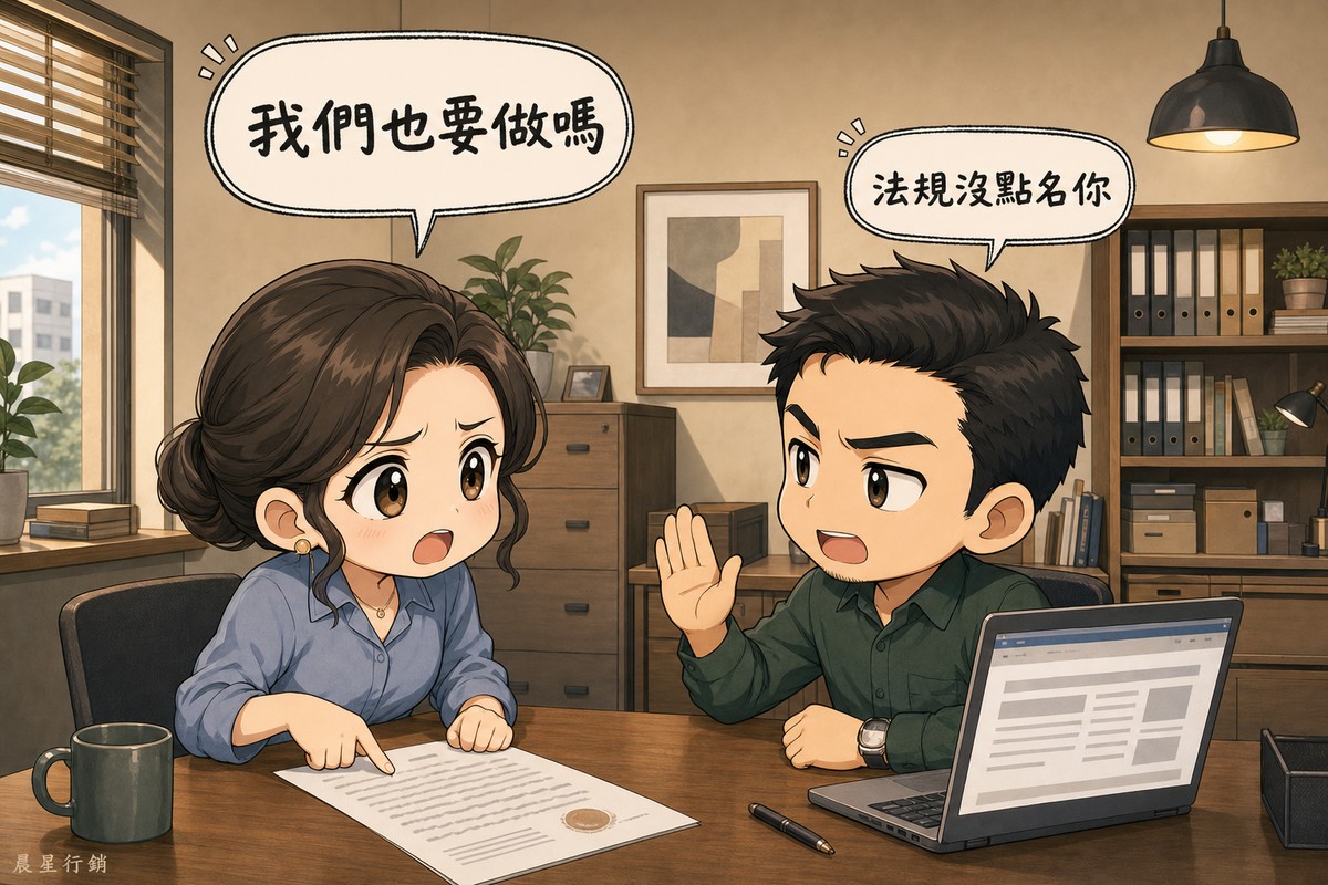 一位女性企業主指著桌上蓋有印信的公文皺眉發問,對面的男性顧問舉起手掌示意,說明法規並沒有點名民間企業。