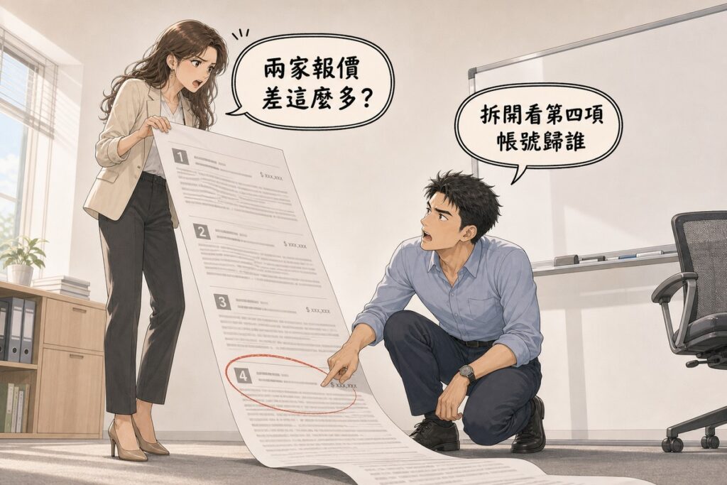 一位女性業主站著拉開一張長到垂在地上的報價單，蹲在下方的男性顧問指著最後一項向她說明