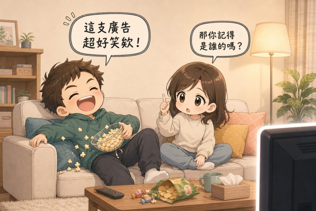 Q版插畫，一位男生在沙發上笑得前俯後仰，旁邊的女生歪著頭舉起一根手指提出疑問