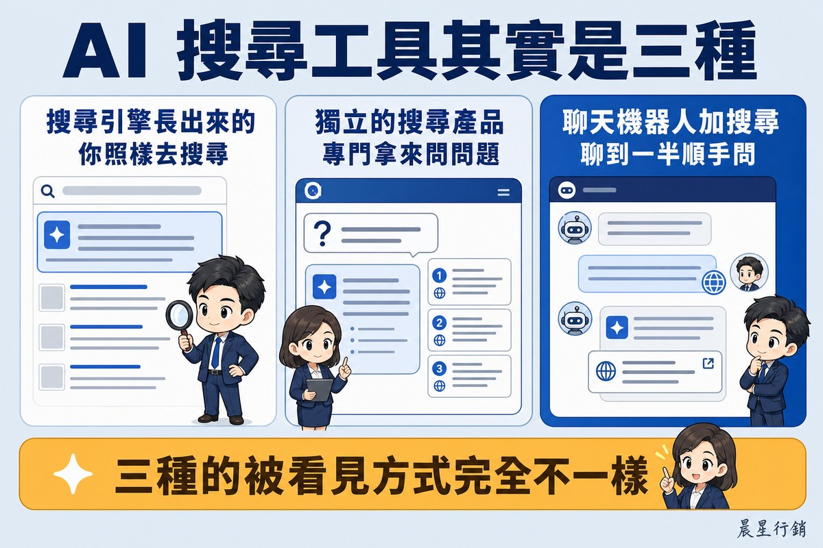 三個欄位分別是搜尋結果頁上方多出AI答案面板、獨立的問答應用視窗旁列著編號來源卡、以及聊天視窗中一則訊息掛著地球圖示表示連上了網路。