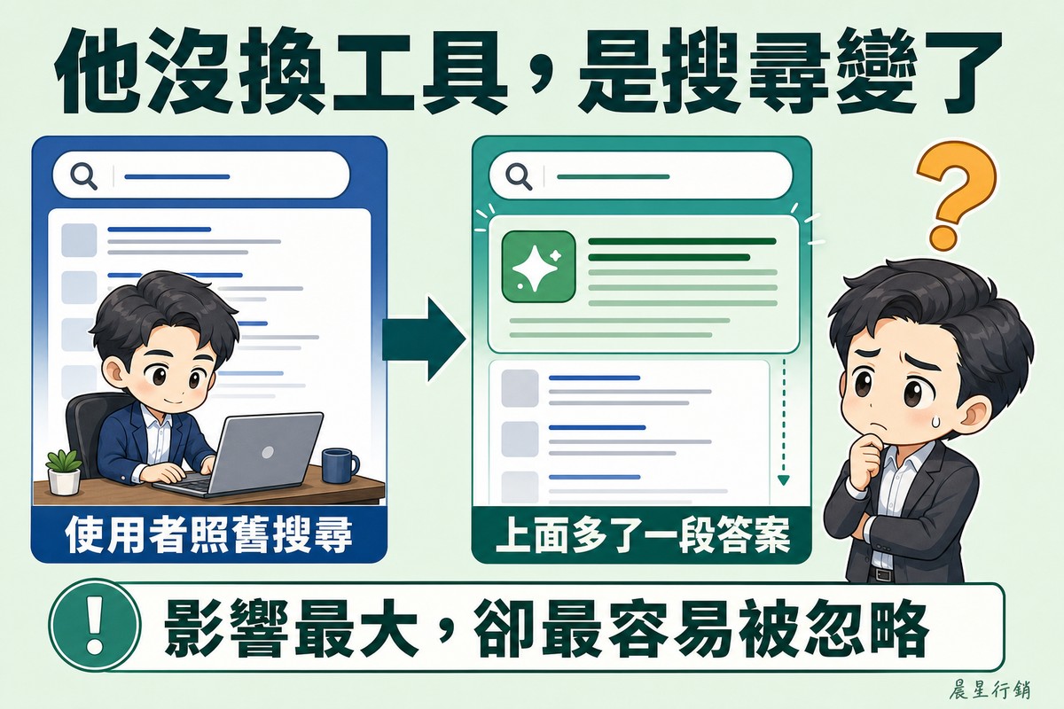 左邊使用者照舊在普通搜尋框打字,右邊同一個結果頁上方多出一段AI答案面板、把原本的結果往下擠,右側企業主皺眉冒汗看著。