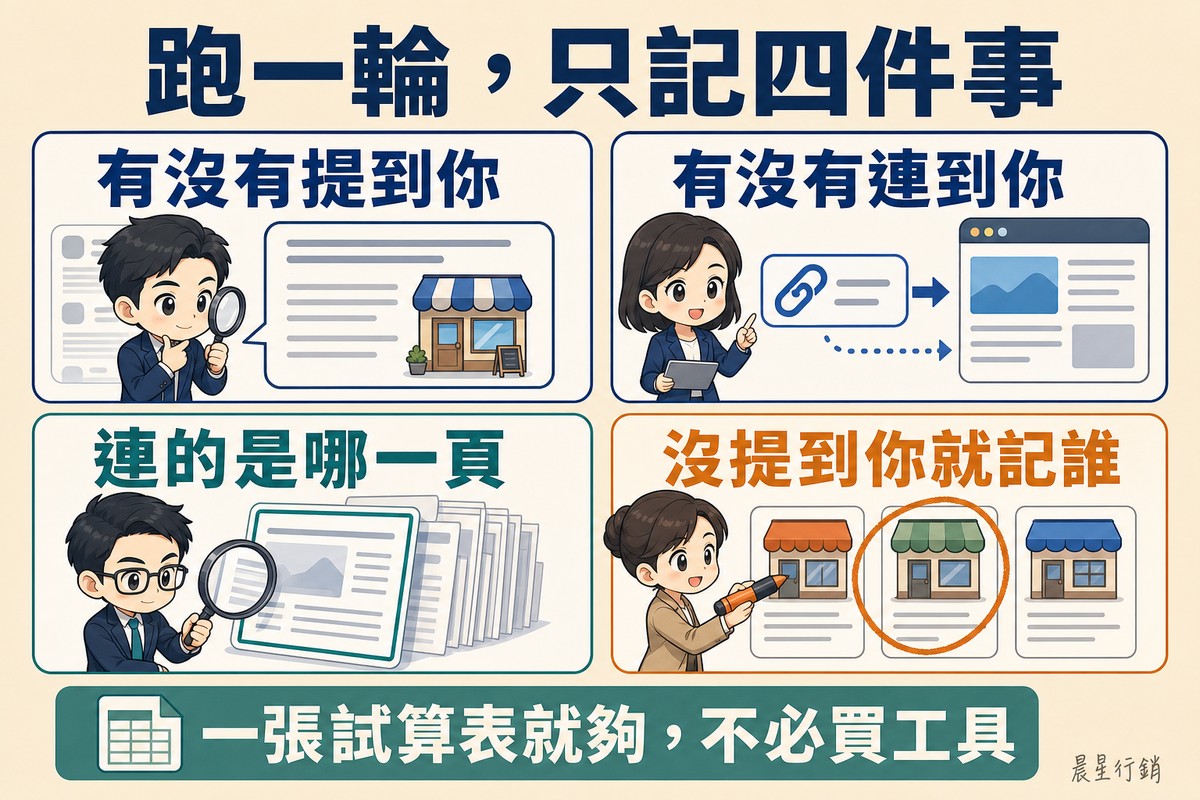 四格方陣分別是答案泡泡裡出現店家招牌、連結標籤指向網站卡片、放大鏡對著從一疊頁面中抽出的單一頁、以及三張同業店鋪卡片其中一張被筆圈起來。
