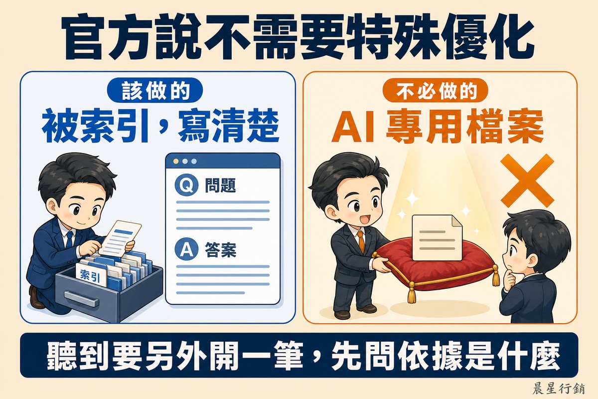 左邊工程師把網頁歸進索引抽屜,旁邊一頁內容清楚分成問題與答案兩段;右邊業務員把一張普通檔案卡放在絨布墊上打聚光燈推銷,旁邊一個大叉。