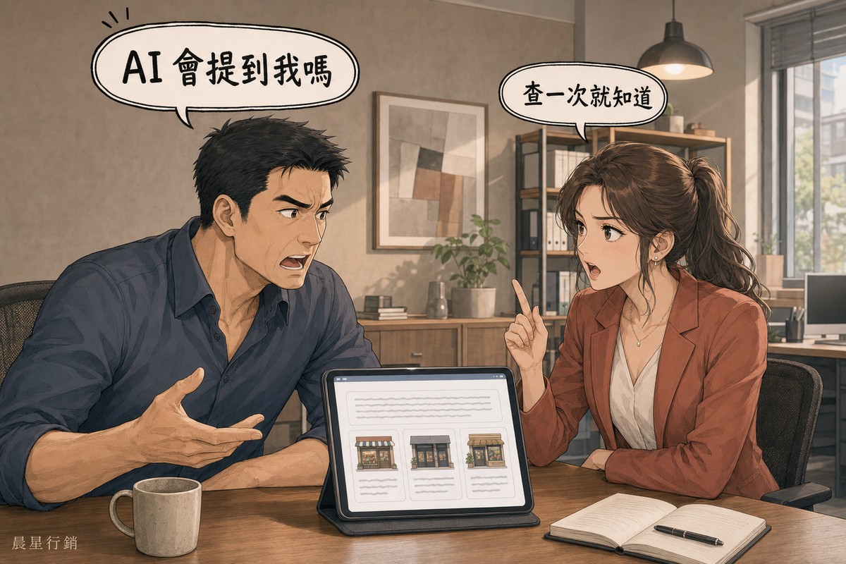 一位男性企業主指著平板上的AI答案面板,面板下方列著三家店鋪卡片、沒有一家是他的;對面的女性顧問舉起食指,正要告訴他怎麼查。