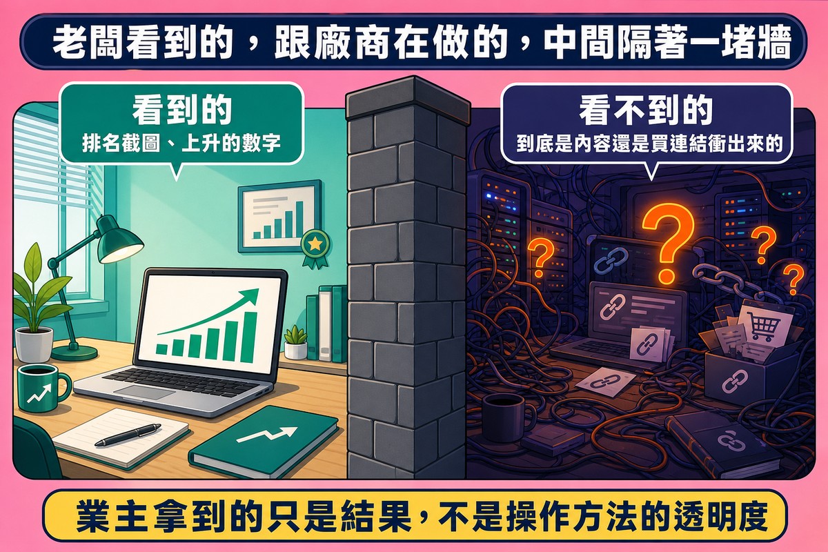 一堵牆把畫面分成兩半,左邊是乾淨書桌上的筆電顯示上升的排名圖表標示看到的,右邊被牆擋住的房間裡是纏繞電線與發光問號標示看不到的