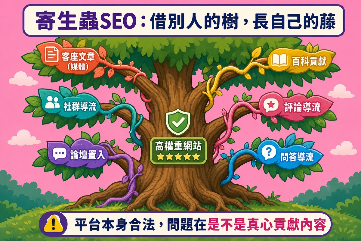 一棵大樹代表高權重網站,六條藤蔓分別長在不同樹枝上,標示客座文章、社群導流、論壇置入、百科貢獻、評論導流、問答導流六種寄生管道