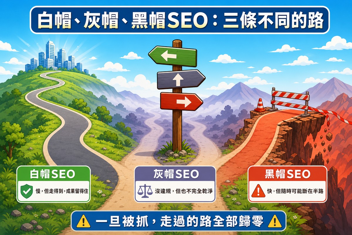 岔路標誌指向三條路:左邊白帽SEO的路通往遠方繁榮城市、中間灰帽SEO的路沒入迷霧、右邊黑帽SEO的路是捷徑但斷成懸崖,底部橫幅寫著一旦被抓走過的路全部歸零