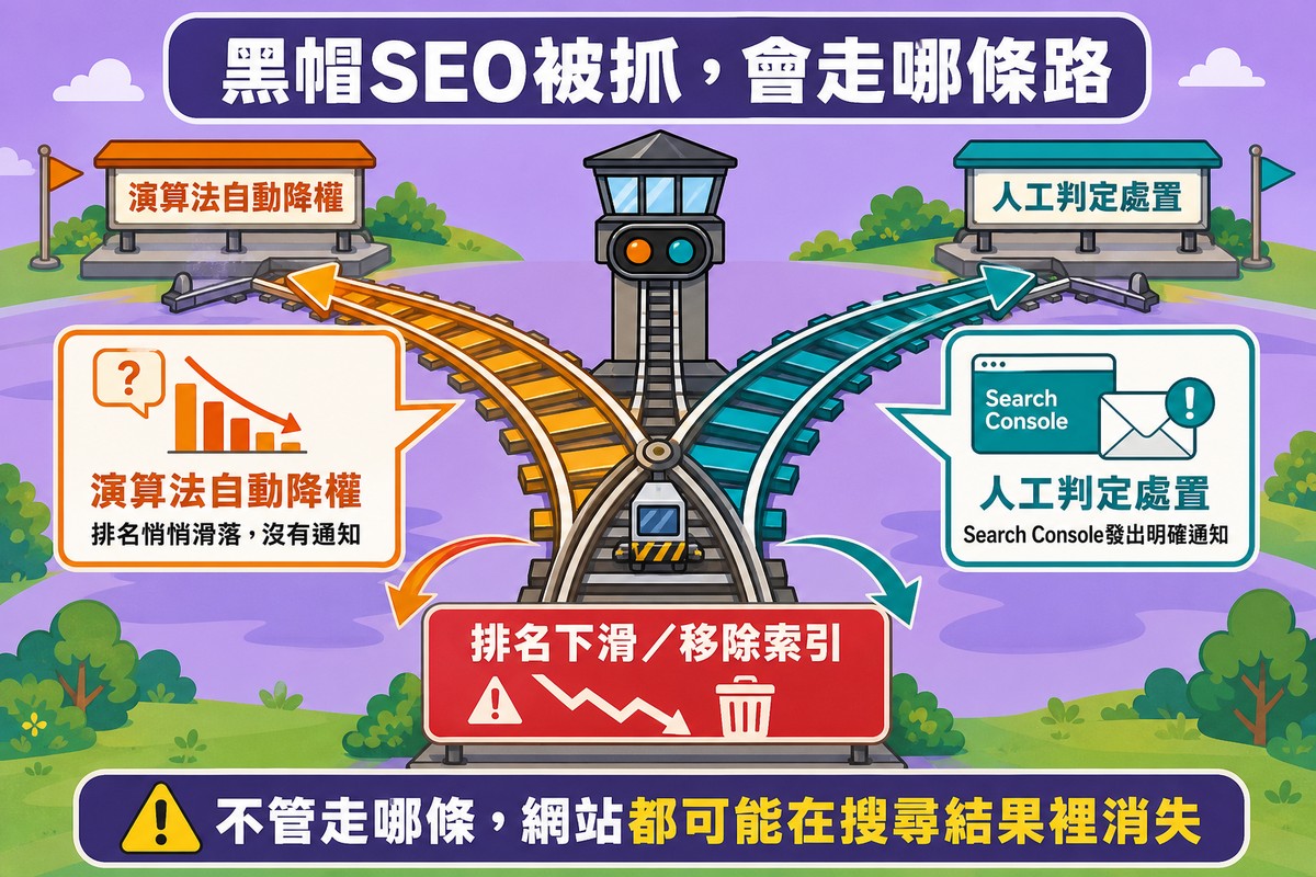 鐵路號誌塔前,一條軌道分岔成兩條,左邊標示演算法自動降權排名悄悄滑落,右邊標示人工判定處置Search Console發出通知,兩條軌道最後匯向同一個排名下滑移除索引的終點站牌