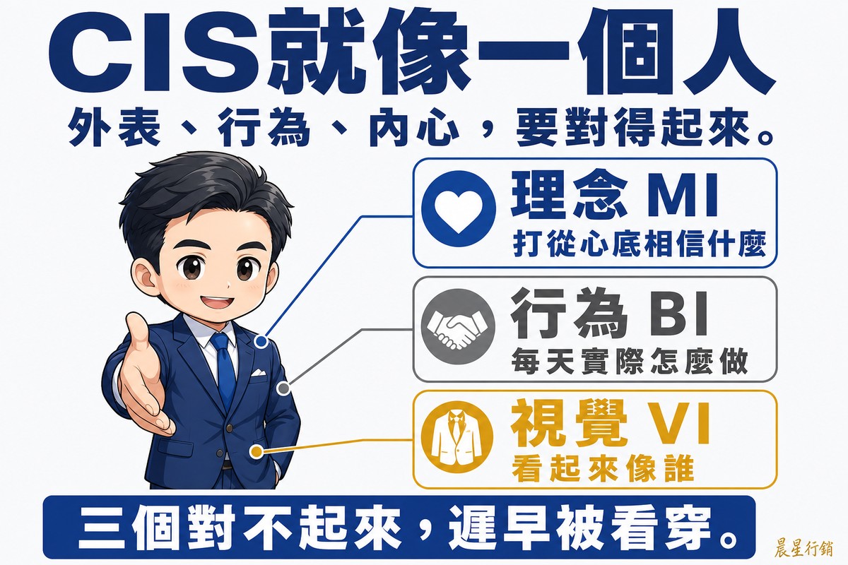 左側一位Q版西裝男性伸手要握手,右側由上而下三個圓形圖示用細線拉向他:愛心配「理念 MI/打從心底相信什麼」、握手配「行為 BI/每天實際怎麼做」、西裝配「視覺 VI/看起來像誰」。底部「三個對不起來,遲早被看穿。」