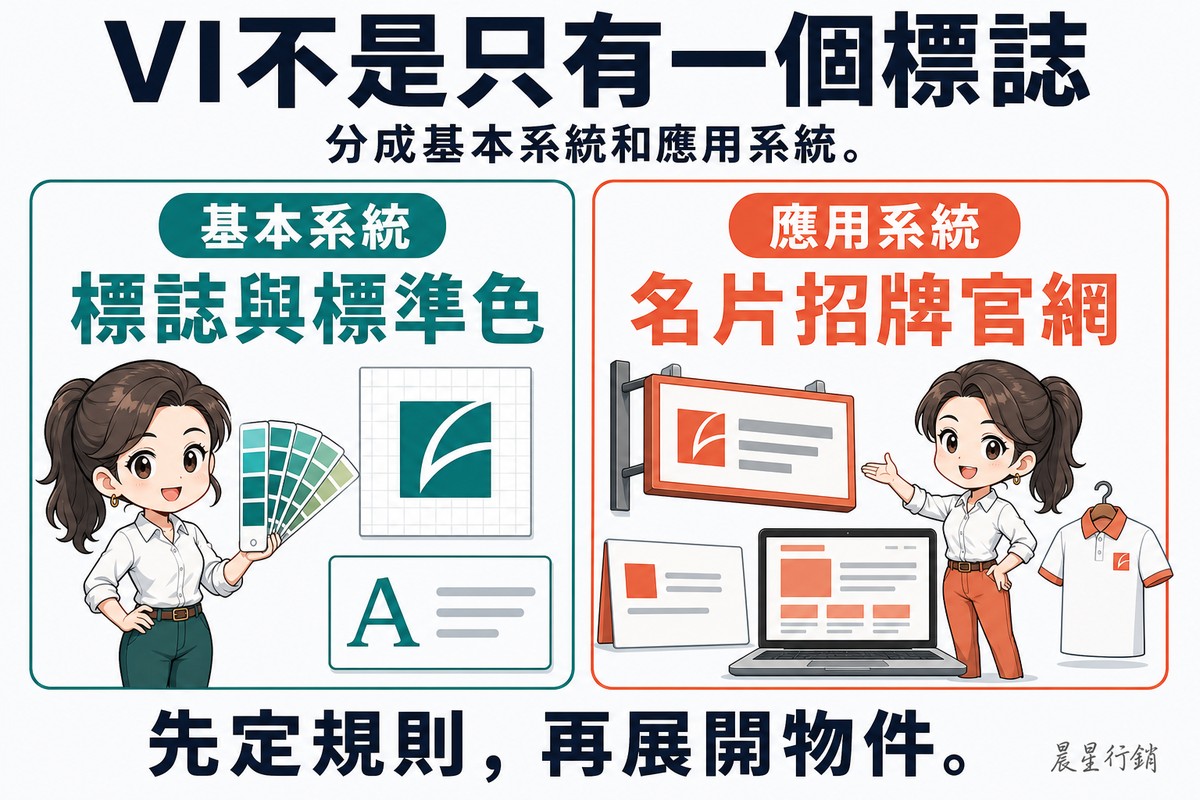 左右兩張卡片。左卡標籤「基本系統」,大字「標誌與標準色」,畫一位Q版馬尾女設計師手持色票扇,旁邊是一個標誌與一張字體卡;右卡標籤「應用系統」,大字「名片招牌官網」,同一位設計師站在名片、招牌、筆電網頁與制服之間。底部「先定規則,再展開物件。」