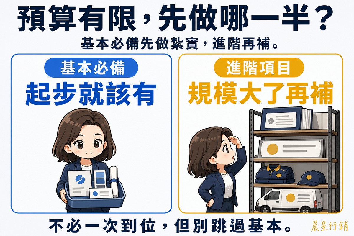 左卡標籤「基本必備」,大字「起步就該有」,畫一位Q版女性創辦人抱著一個小巧的起步工具箱;右卡標籤「進階項目」,大字「規模大了再補」,同一位女性站在一整排貨架前搔頭,架上放著制服、車輛與更多物件。上方大標「預算有限,先做哪一半?」,底部「不必一次到位,但別跳過基本。」