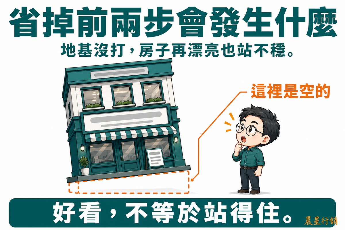 畫面左側一棟深綠色的漂亮店面建築,但底部地基處畫成空心的虛線框;右側一位Q版戴圓眼鏡的男性設計師抬頭看著建築,張嘴驚訝,橘色標籤指向地基寫著「這裡是空的」。上方大標「省掉前兩步會發生什麼」,底部「好看,不等於站得住。」