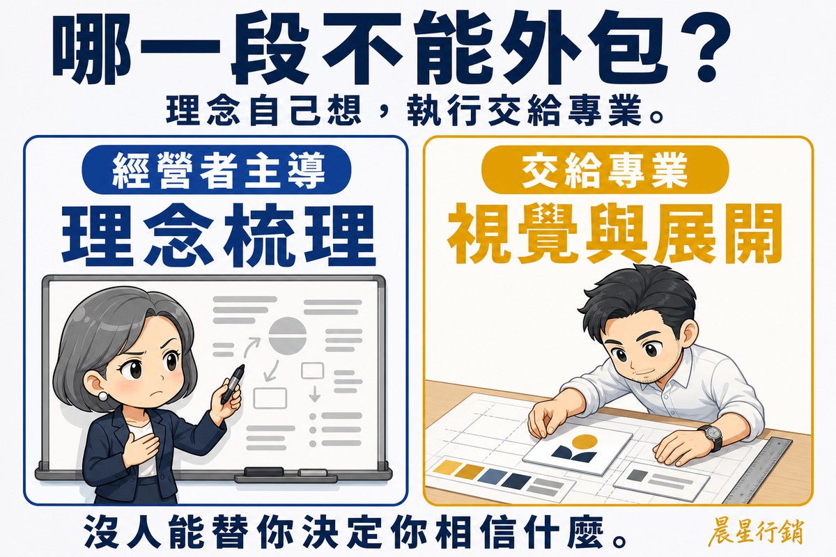 左卡標籤「經營者主導」,大字「理念梳理」,畫一位Q版灰髮女性經營者在白板前拿著筆,手按著胸口;右卡標籤「交給專業」,大字「視覺與展開」,畫一位男性設計師低頭在攤開的版面與色票上工作。上方大標「哪一段不能外包?」,底部「沒人能替你決定你相信什麼。」