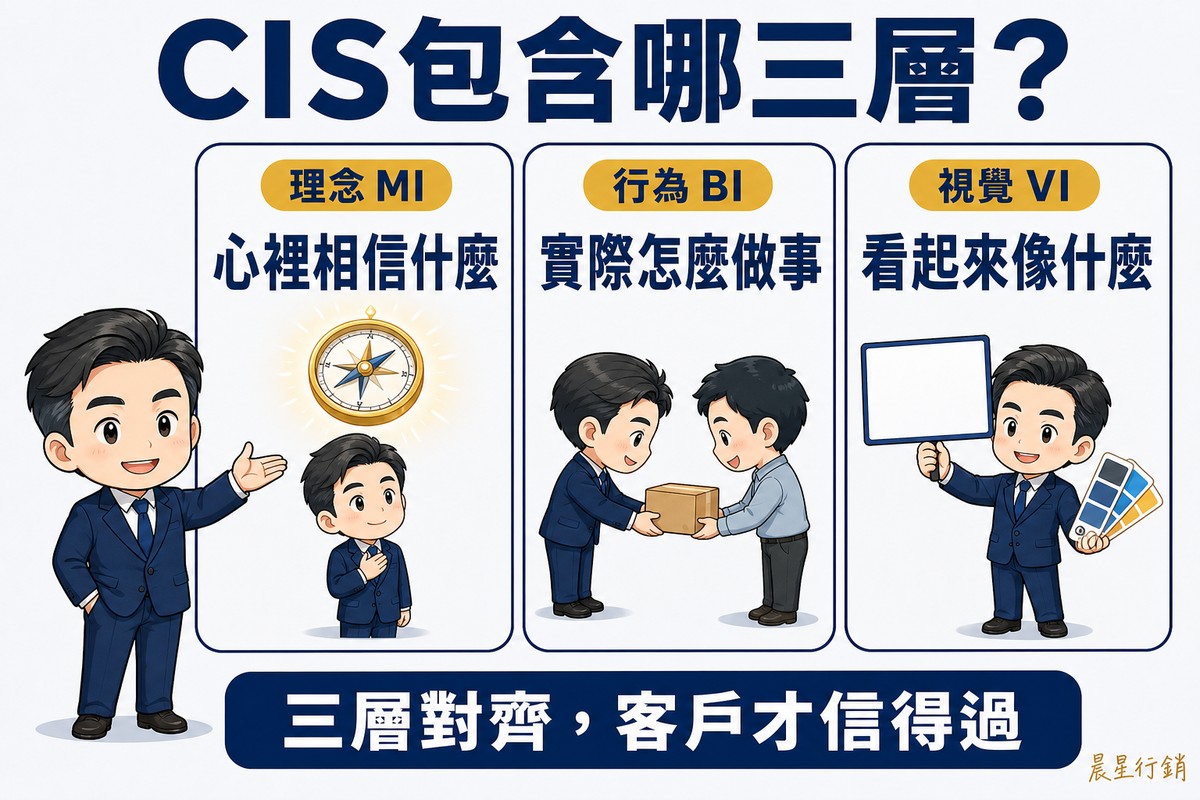 一位西裝男性站在左側,向右邊三張並排的深藍卡片攤手介紹。三張卡片各有金色標籤:理念MI寫「心裡相信什麼」,配一個手按胸口的小人與發光羅盤;行為BI寫「實際怎麼做事」,配兩個小人遞交包裹;視覺VI寫「看起來像什麼」,配一個小人舉著空白招牌與色票扇。底部深藍長條寫「三層對齊,客戶才信得過」。