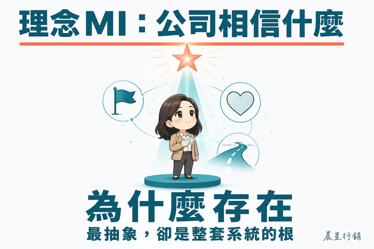 一位米色西裝外套的女性創辦人站在青綠色圓台上,手按胸口望向上方一顆珊瑚橘色的星星,一道光束從她胸口連到星星。周圍浮著旗幟、愛心與道路三個線稿圖示。上方標題「理念MI:公司相信什麼」,中央大字「為什麼存在」,底部寫「最抽象,卻是整套系統的根」。