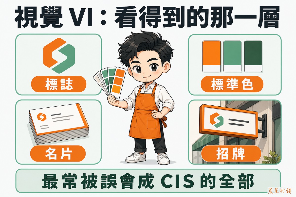 一位穿橘色圍裙的男性設計師站在中央手持色票扇,四周環繞四張綠色卡片,各配一個橘色標籤與圖示:左上「標誌」配抽象商標、右上「標準色」配三格色票、左下「名片」配一疊名片、右下「招牌」配店面招牌。底部寫「最常被誤會成CIS的全部」。