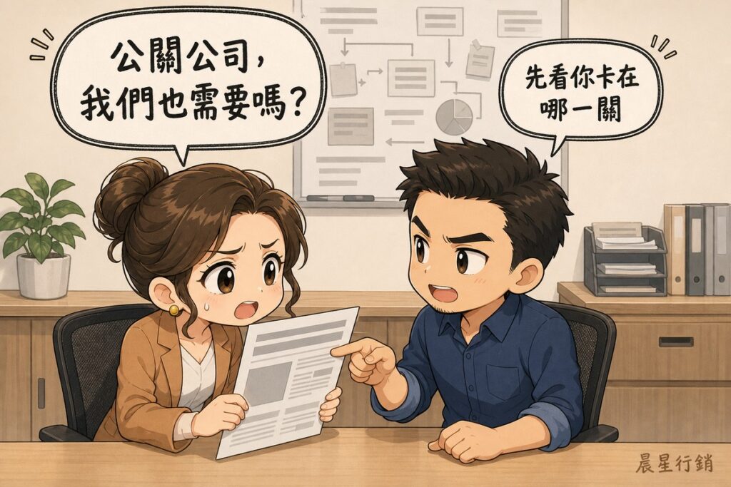 一格漫畫:辦公室裡,一位女性企業主拿著同業被報導的剪報、皺眉張嘴發問,左上方氣泡寫著「公關公司,我們也需要嗎?」;對面的男性行銷顧問直視她、張嘴解說並用手指向那份剪報,右上方氣泡寫著「先看你卡在哪一關」。