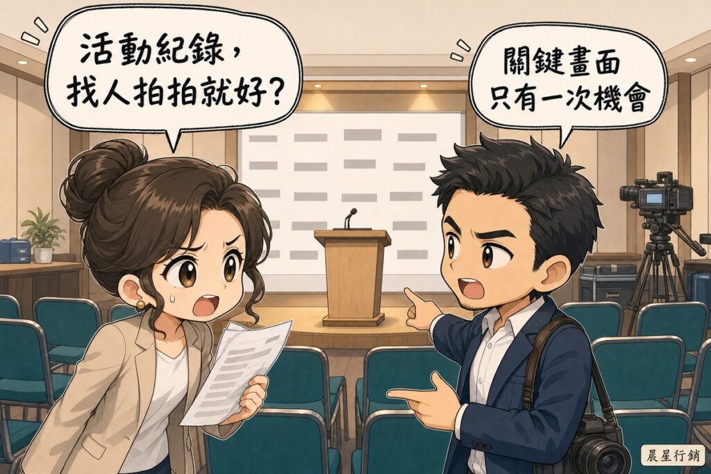 漫畫插圖:記者會開始前的會場,左邊女性主辦人拿著流程表、神情焦急地問「活動紀錄,找人拍拍就好?」,右邊背著相機的男性公關顧問指向講台回答「關鍵畫面只有一次機會」,後方是講台、麥克風、成排座椅與攝影腳架。