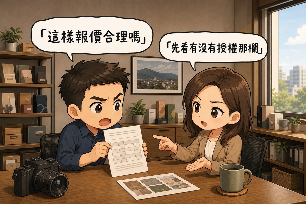 扁平插畫:公司會議室,牆上掛畫與樣品架、右側窗戶採光。左邊企業主舉著一張報價單,氣泡寫「這樣報價合理嗎」;右邊女性顧問伸手指向報價單解說,氣泡寫「先看有沒有授權那欄」。桌上有相機、樣張與馬克杯。