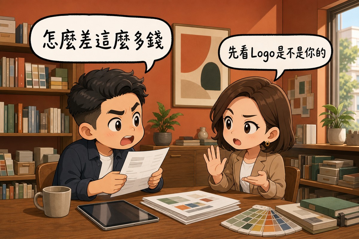 扁平插畫:設計工作室會議室,牆上掛畫與色票紙樣架、右側窗戶採光。左邊企業主舉著一張報價單皺眉發問,氣泡寫「怎麼差這麼多錢」;右邊女性品牌顧問抬手示意稍等並解說,氣泡寫「先看Logo是不是你的」。