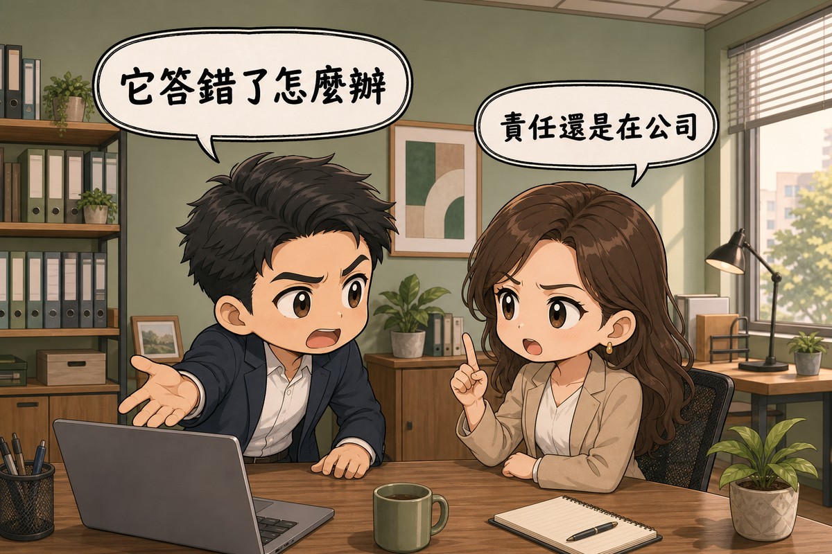 扁平插畫:公司辦公室,牆面鼠尾草綠、掛畫與檔案架,右側窗戶採光。左邊企業主前傾發問並指向筆電,氣泡寫「它答錯了怎麼辦」;右邊女性顧問豎起食指解說,氣泡寫「責任還是在公司」。