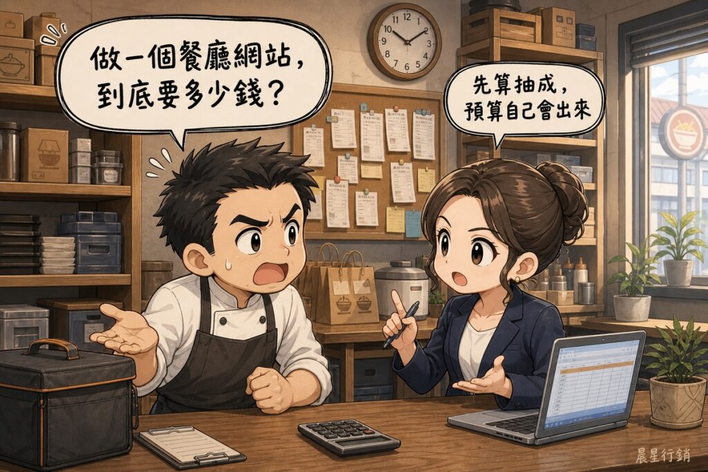 餐廳後場裡，穿著圍裙的老闆焦急地問「做一個餐廳網站，到底要多少錢？」，對面的顧問舉著筆回答「先算抽成，預算自己會出來」，桌上放著筆電、計算機與外送保溫袋。